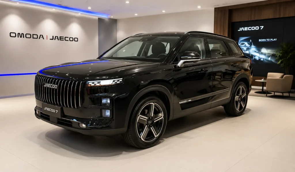 Jaecoo 7 2027 na cor preta, fotografado em showroom oficial Omoda Jaecoo no Brasil